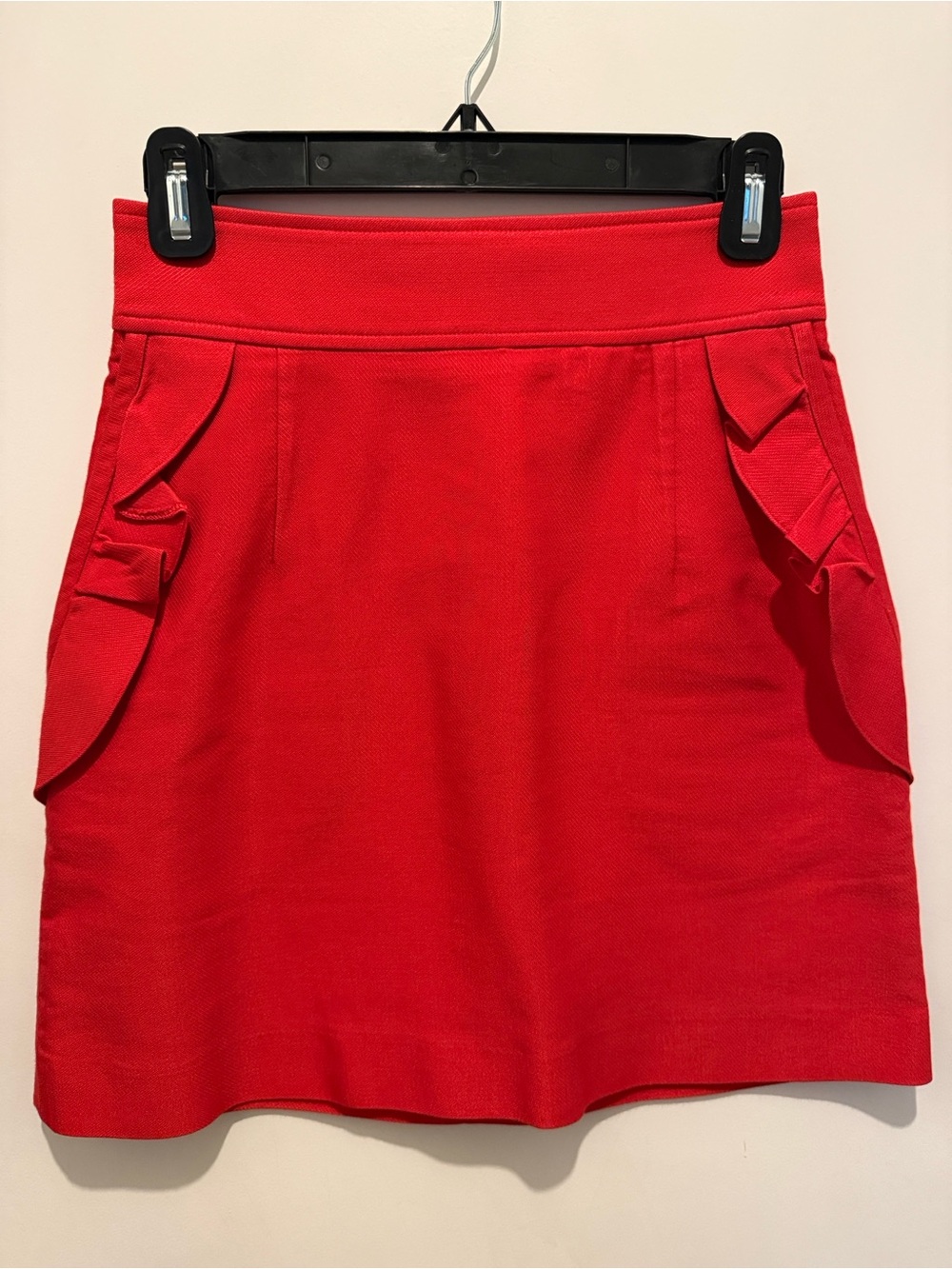 Sandro Bright Red Mini Skirt with Ruffle Pocket Details